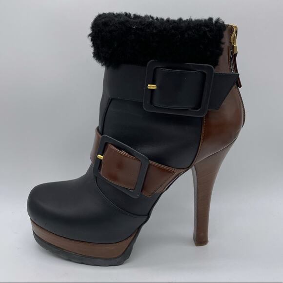 Fendi Moorland Two Tone Black Brown Leather Shearling Ankle Bootie Size 36.5 6.5 - Picture 6 of 15
